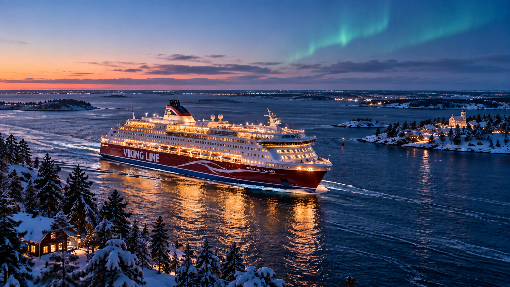 Круизный лайнер M/S Viking Glory в зимнем Балтийском море вечером